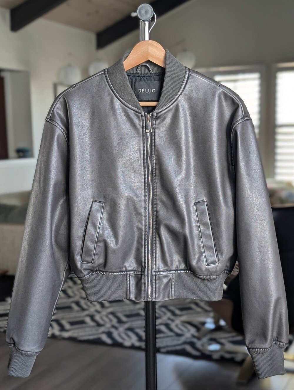 Dèluc Vegan Cropped Leather Bomber Jacket — Chocolate Brown Size Medium